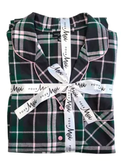 Groen - Pour Moi geschenkset van behaaglijke geborsteld katoenen pyjama met ruit