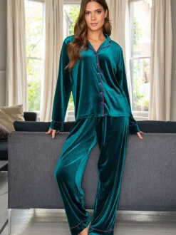 Groen - Pour Moi velours pyjamaset met Cubaanse kraag