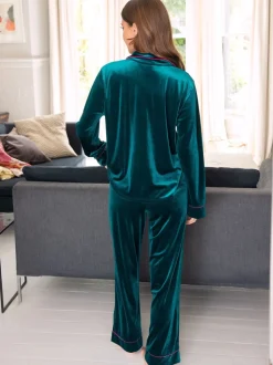Groen - Pour Moi velours pyjamaset met Cubaanse kraag