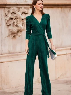 Groen - Sosandar plissé jumpsuit met overslag aan de voorkant