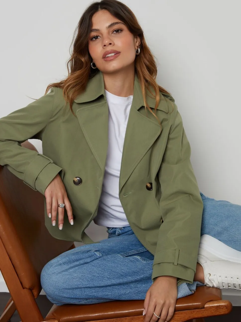 Groen - Threadbare cropped trenchcoat met dubbele rij knopen