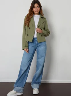 Groen - Threadbare cropped trenchcoat met dubbele rij knopen
