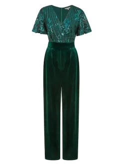 Groen - Yumi jumpsuit met engelmouwen, van fluweel en versierd met lovertjes