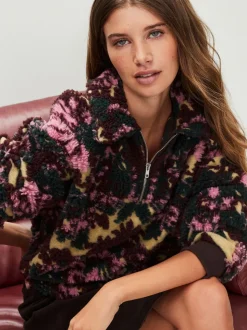 Groen bloemmotief - Jacquard Teddy Borg Quarter Zip Fleece Sweatshirt