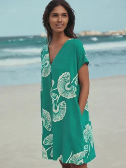 Groen bloemmotief - Mini Short Sleeve V-Neck Kaftan Dress with Linen