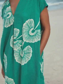 Groen bloemmotief - Mini Short Sleeve V-Neck Kaftan Dress with Linen