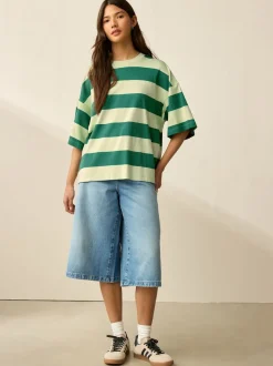 Groen Eenkleurig - Boxy oversized T-shirt met relaxte pasvorm van zware stof en ronde hals