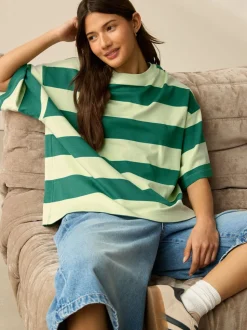 Groen Eenkleurig - Boxy oversized T-shirt met relaxte pasvorm van zware stof en ronde hals