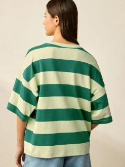 Groen Eenkleurig - Boxy oversized T-shirt met relaxte pasvorm van zware stof en ronde hals