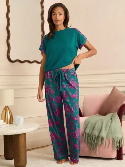 Groen en roze met bloemenprint - Love & Roses Short Sleeve Printed Bottom Jersey Pyjamas Set