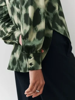 Groen met dierenprint - Long Sleeve V-Neck Jersery Blouse