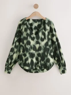 Groen met dierenprint - Long Sleeve V-Neck Jersery Blouse