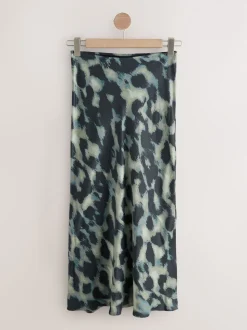 Groen met dierenprint - Satijnen midirok