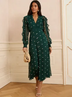Groen met hartprint - Love & Roses Embroidered Ruffle Midi Dress