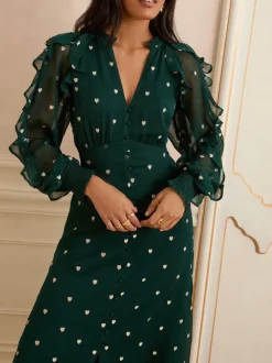 Groen met hartprint - Love & Roses Embroidered Ruffle Midi Dress