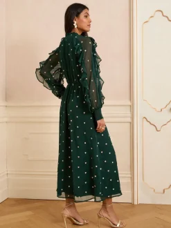 Groen met hartprint - Love & Roses Embroidered Ruffle Midi Dress