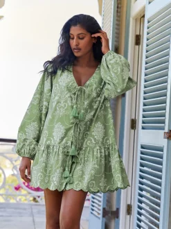 Groene Josette - Laura Ashley katoenen strandtuniek met Stropdas voorkant