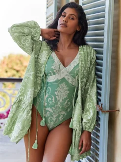 Groene Josette - Laura Ashley katoenen strandtuniek met Stropdas voorkant