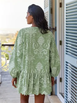 Groene Josette - Laura Ashley katoenen strandtuniek met Stropdas voorkant