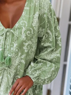 Groene Josette - Laura Ashley katoenen strandtuniek met Stropdas voorkant