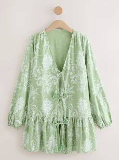 Groene Josette - Laura Ashley katoenen strandtuniek met Stropdas voorkant