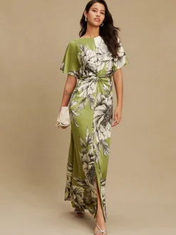 Groen/ecru - Textured Satin Short Sleeve Twist Front Midi Dress