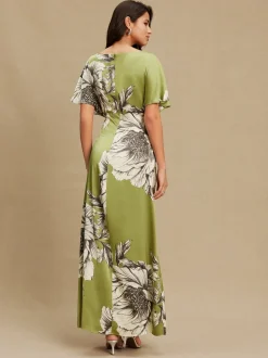 Groen/ecru - Textured Satin Short Sleeve Twist Front Midi Dress