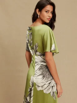 Groen/ecru - Textured Satin Short Sleeve Twist Front Midi Dress