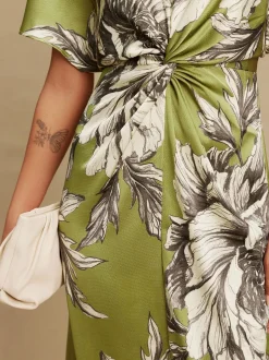 Groen/ecru - Textured Satin Short Sleeve Twist Front Midi Dress