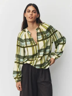 Groen/ecru geruit - Blouse met V-hals en lange mouwen