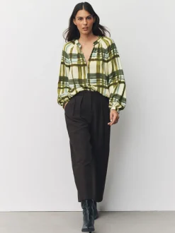 Groen/ecru geruit - Blouse met V-hals en lange mouwen