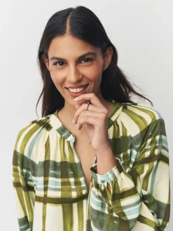 Groen/ecru geruit - Blouse met V-hals en lange mouwen