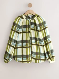 Groen/ecru geruit - Blouse met V-hals en lange mouwen