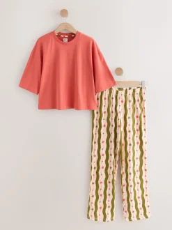 Groen/ecru gestreept - Katoenen pyjama met korte mouw