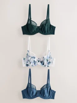 Groen/Marineblauw/Marineblauwe print - DD+ niet-gewatteerde beha's met volledige cup, verpakking van 3 met zijsteun