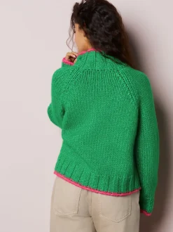 Groen/roze hart - Grof gebreide Staande Hals Trui Met Wol