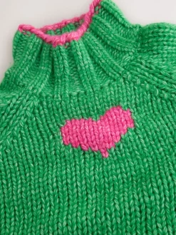 Groen/roze hart - Grof gebreide Staande Hals Trui Met Wol