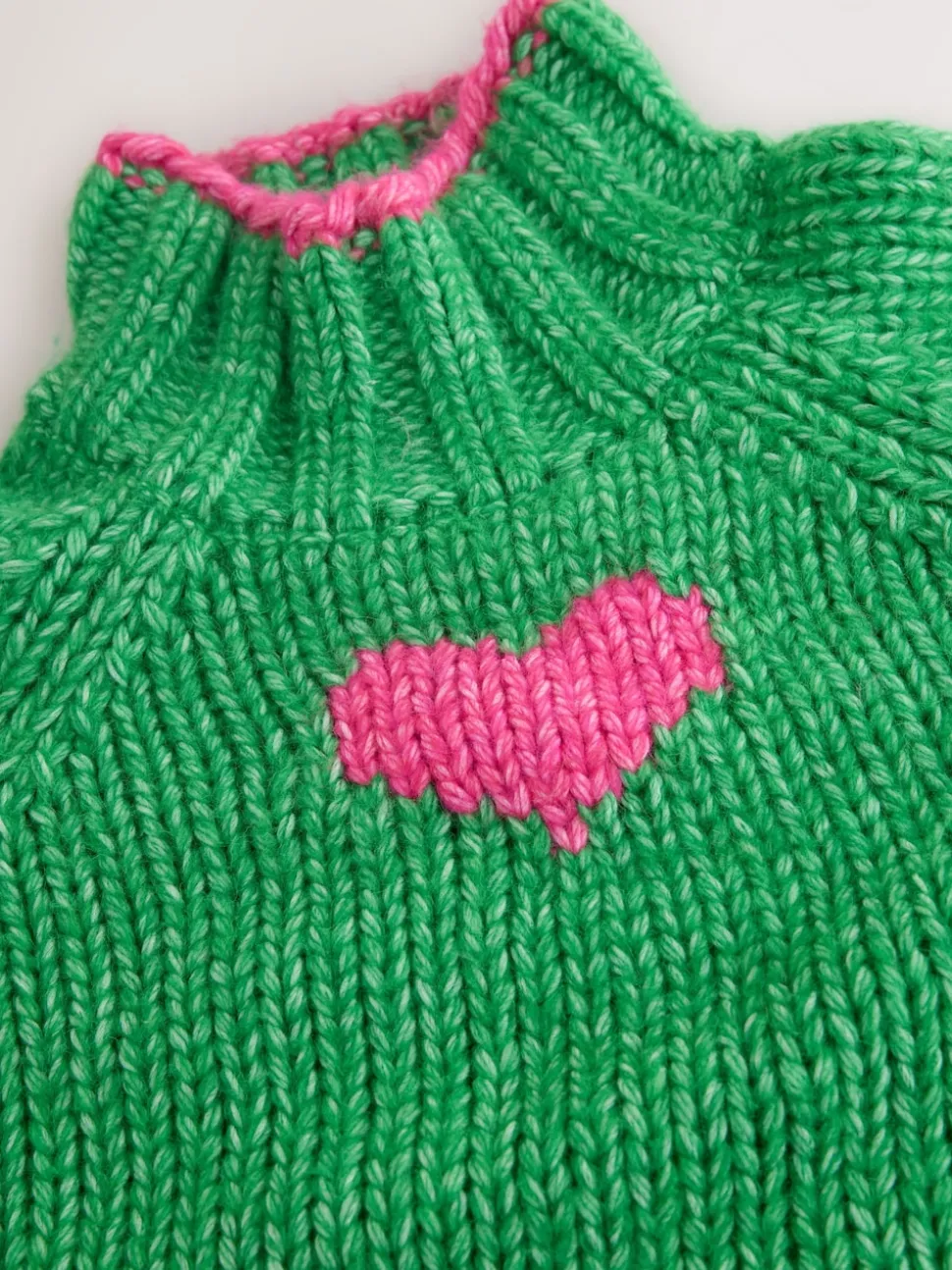 Groen/roze hart - Grof gebreide Staande Hals Trui Met Wol