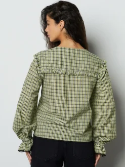 Groen/zwart geruit - Oversized Collar Long Sleeve Blouse