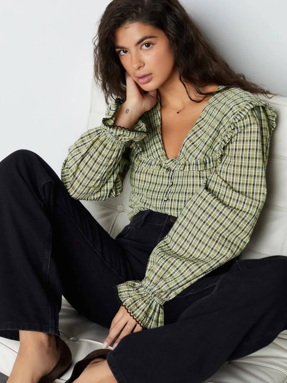 Groen/zwart geruit - Oversized Collar Long Sleeve Blouse
