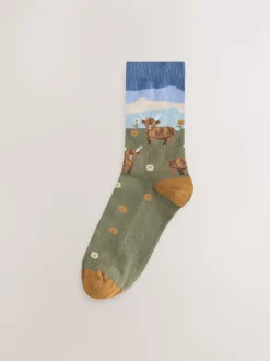 Hamish The Highland Cow Scene - Warm Handle Cotton Ankle Socks 2 Pack