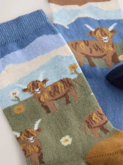 Hamish The Highland Cow Scene - Warm Handle Cotton Ankle Socks 2 Pack