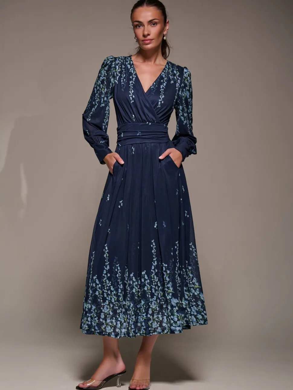 Hemelsblauw - Jolie Moi Long Sleeve Printed Mesh Midaxi Dress