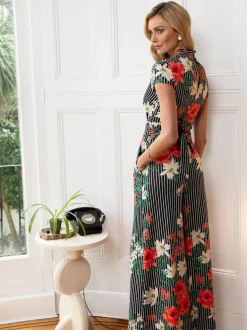 HotSquash - Zwarte gebloemde jumpsuit met krijtstreep en wijde pijpen