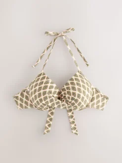 Houtblok Khaki Groen/Cream folie - Bikinibeugeltop met vulling en lage decolleté