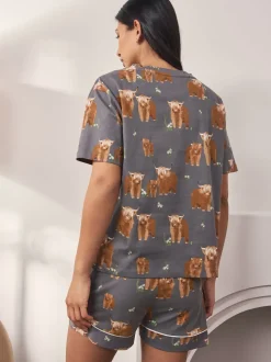 Houtskoolgrijze Hamish The Highland Cow - Set van 100% katoenen shortpyjama
