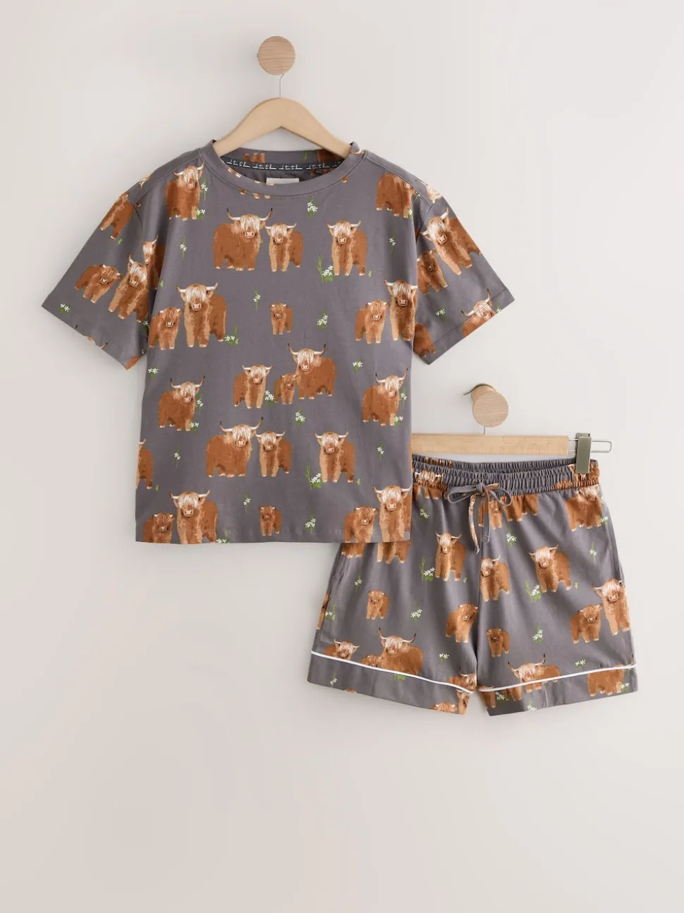 Houtskoolgrijze Hamish The Highland Cow - Set van 100% katoenen shortpyjama