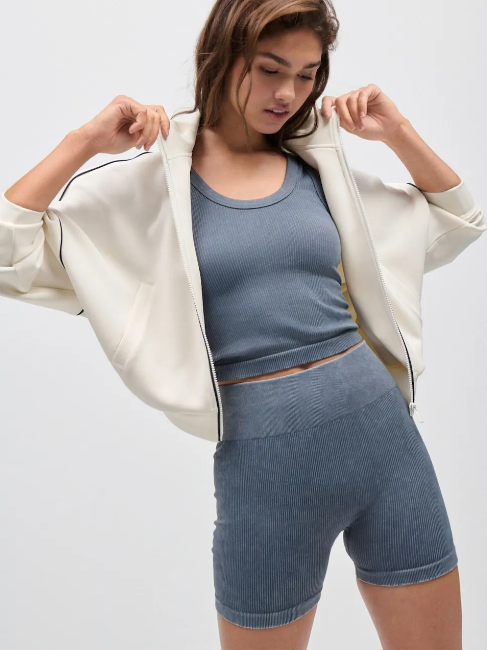 Indigoblauw - Geribbelde fietsshort met hoge taille