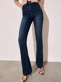Inktblauw - Friends Like These jeans met zakken, hoge taille en uitlopende pijpen