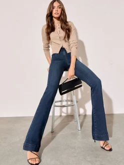 Inktblauw - Friends Like These jeans met zakken, hoge taille en uitlopende pijpen